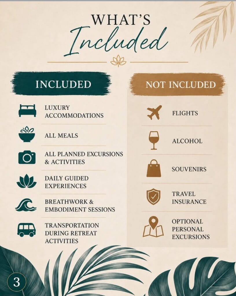 Joyful Retreat list of incusions and exclusions